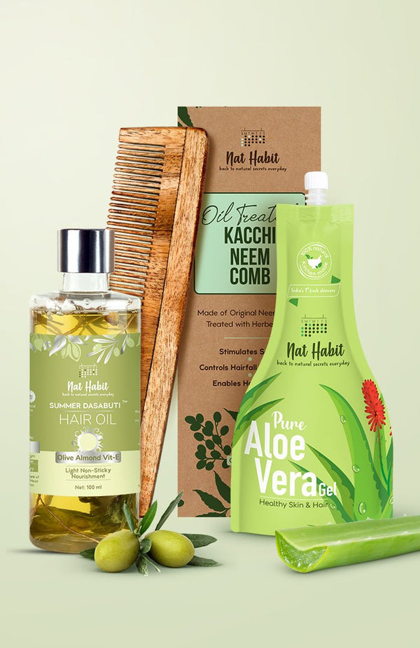 <strong>Olive Almond Hair Oil, Dual Tooth Comb & Pure Aloe Gel Combo</strong> <br><i>Combo Pack of 3</i> - Nat Habit