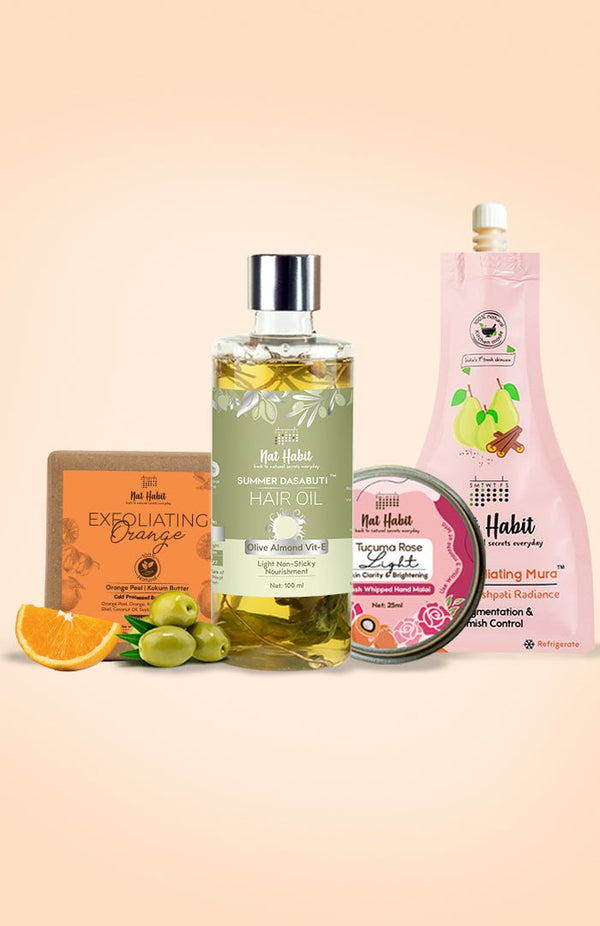 <strong>Olive Almond Hair Oil, Exfoliating Orange Soap, Tucuma Rose Hand Malai & Cinnamon Nashpati Mura Combo</strong> <br><i>Combo Pack of 4</i> - Nat Habit