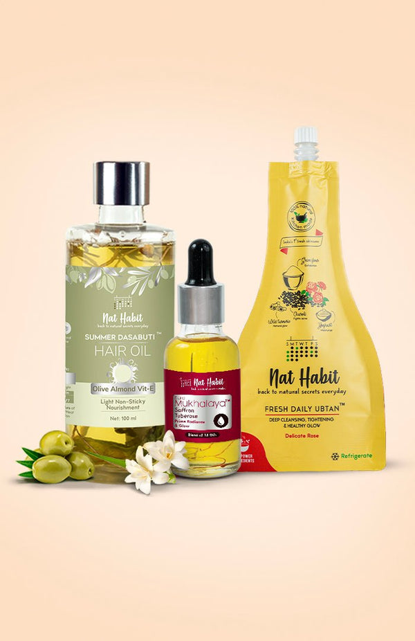 <strong>Olive Almond Hair Oil, Saffron Tuberose Mukhalaya & Delicate Rose Ubtan Combo</strong> <br><i>Combo Pack of 3</i> - Nat Habit