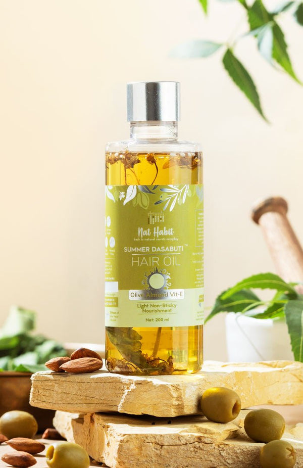 <strong>Olive Almond Vit-E Summer Hair Oil</strong> <br><i>Light Non-Sticky Nourishment</i> - Nat Habit