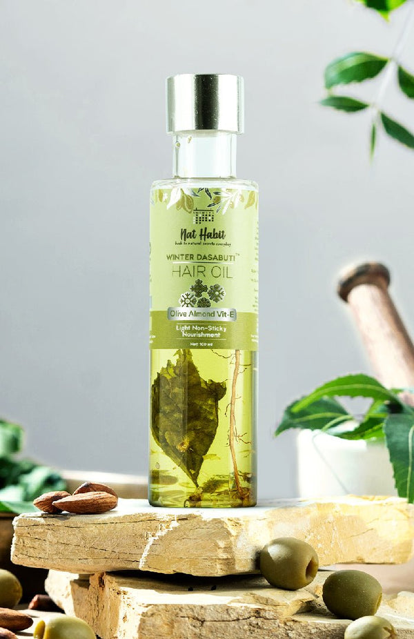 <strong>Olive Almond Vit-E Winter Hair Oil</strong> <br><i>Light Non-Sticky Nourishment</i> - Nat Habit