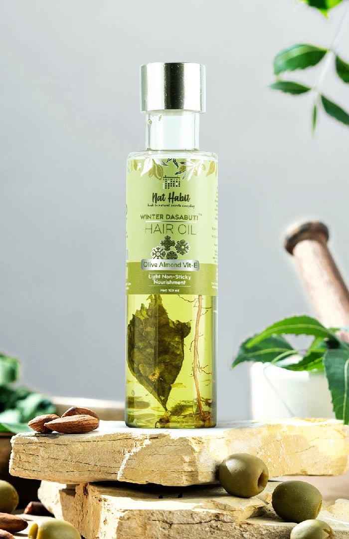 <strong>Olive Almond Vit-E Winter Hair Oil</strong> <br><i>Light Non-Sticky Nourishment</i> - Nat Habit