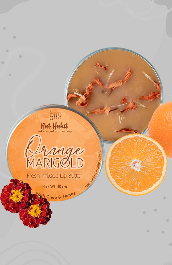 <strong>Orange Marigold Lip Butter 10g</strong> <br><i>with Fresh Orange Peel, Marigold,<br>Desi Ghee & Raw Honey</i> - Nat Habit