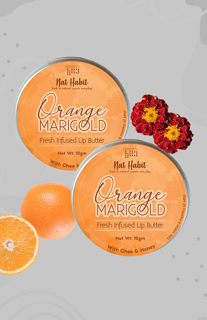 <strong>Orange Marigold Lip Butter 10g</strong> <br><i>with Fresh Orange Peel, Marigold,<br>Desi Ghee & Raw Honey</i> - Nat Habit