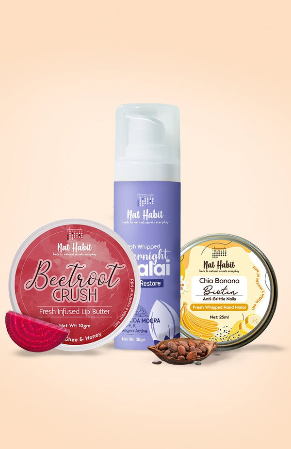 <strong>Overnight Face Malai, Chia Banana Hand Malai & Beetroot Crush Lip Butter Combo</strong> <br><i>Combo Pack of 3</i> - Nat Habit