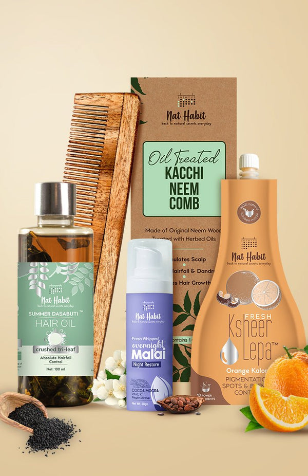 <strong>Overnight Face Malai, Crushed Tri Leaf Hair Oil, Dual Tooth Comb & Orange Kalonji Lepa Combo </strong> <br><i>Combo Pack of 4</i> - Nat Habit