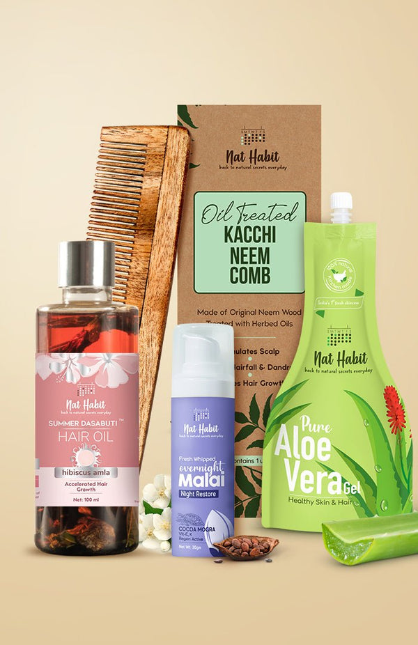 <strong>Overnight Face Malai, Hibiscus Amla Hair Oil, Dual Tooth Comb & Pure Aloe Gel Combo </strong> <br><i>Combo Pack of 4</i> - Nat Habit