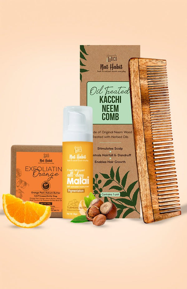 <strong>Pigmentation Face Malai, Dual Tooth Comb & Exfoliating Orange Soap Combo</strong> <br><i>Combo Pack of 3</i> - Nat Habit