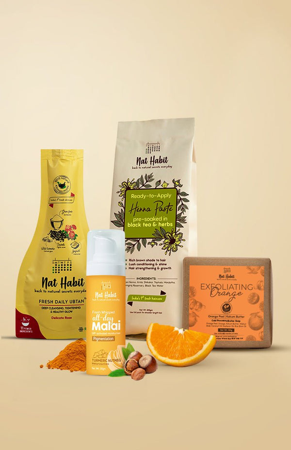 <strong>Pigmentation Face Malai, Henna, Exfoliating Orange Soap & Delicate Rose Ubtan Combo </strong> <br><i>Combo Pack of 4</i> - Nat Habit