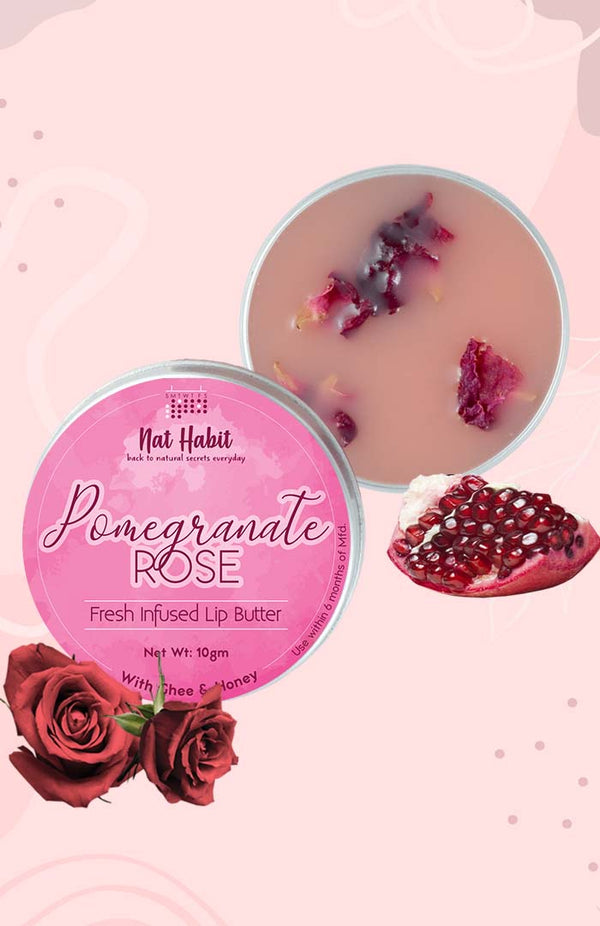 <strong>Pomegranate Rose Lip Butter 10g</strong> <br><i>with Fresh Rose, Pomegranate,<br>Desi Ghee & Raw Honey</i> - Nat Habit