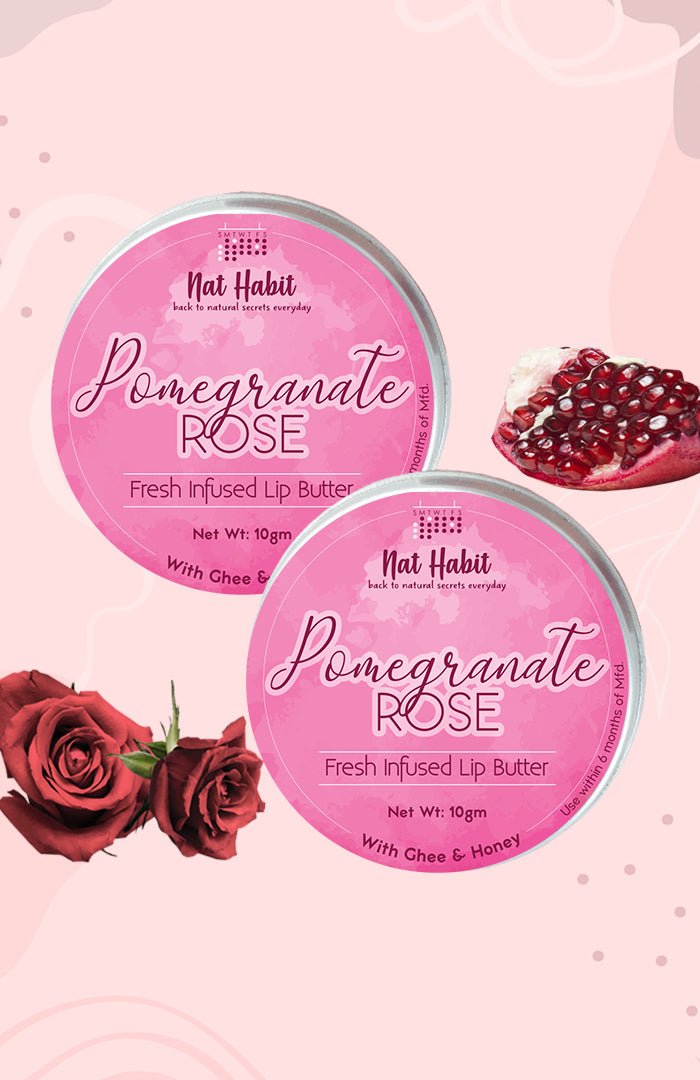 <strong>Pomegranate Rose Lip Butter 10g</strong> <br><i>with Fresh Rose, Pomegranate,<br>Desi Ghee & Raw Honey</i> - Nat Habit