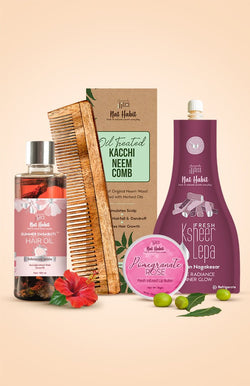 <strong>Pomegranate Rose Lip Butter, Dual Tooth Comb, Chandan Nagakesar Lepa & Hibiscus Amla Hair Oil Combo</strong> <br><i>Combo Pack of 4</i> - Nat Habit