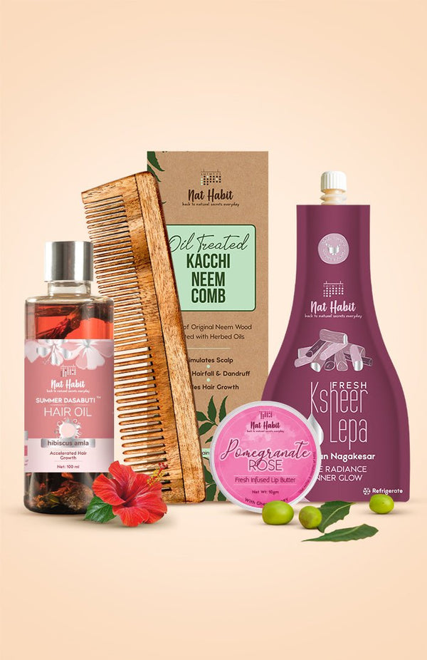 <strong>Pomegranate Rose Lip Butter, Dual Tooth Comb, Chandan Nagakesar Lepa & Hibiscus Amla Hair Oil Combo</strong> <br><i>Combo Pack of 4</i> - Nat Habit