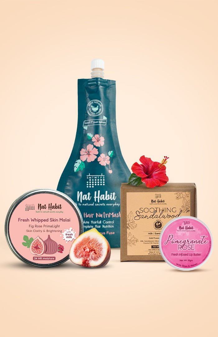 <strong>Pomegranate Rose Lip Butter, Soothing Sandalwood Soap, Five Oil Hibiscus NutriMask & Fig Rose Skin Malai Combo</strong> <br><i>Combo Pack of 4</i> - Nat Habit