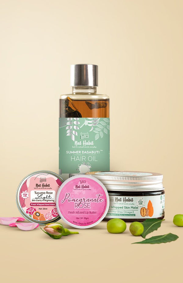 <strong>Pomegranate Rose Lip Butter, Tucuma Rose Hand Malai, Multi Nut Skin Malai & Crushed Tri Leaf Hair Oil Combo</strong> <br><i>Combo Pack of 4</i> - Nat Habit