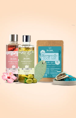 <strong>Pumice Rub, Cedar Lift Foot Salt, Hibiscus Amla Hair Oil & Olive Almond Hair Oil Combo</strong> <br><i>Combo Pack of 4</i> - Nat Habit