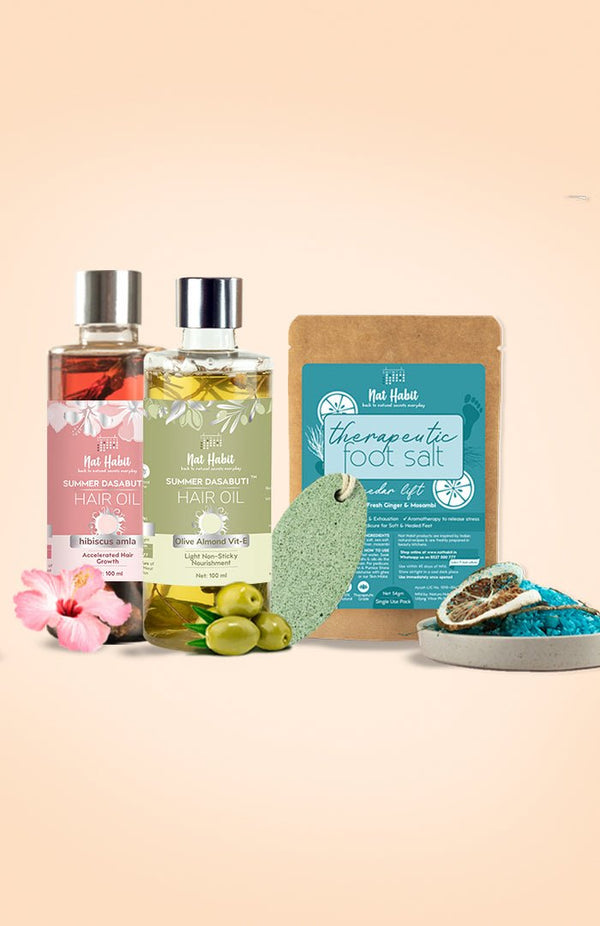 <strong>Pumice Rub, Cedar Lift Foot Salt, Hibiscus Amla Hair Oil & Olive Almond Hair Oil Combo</strong> <br><i>Combo Pack of 4</i> - Nat Habit