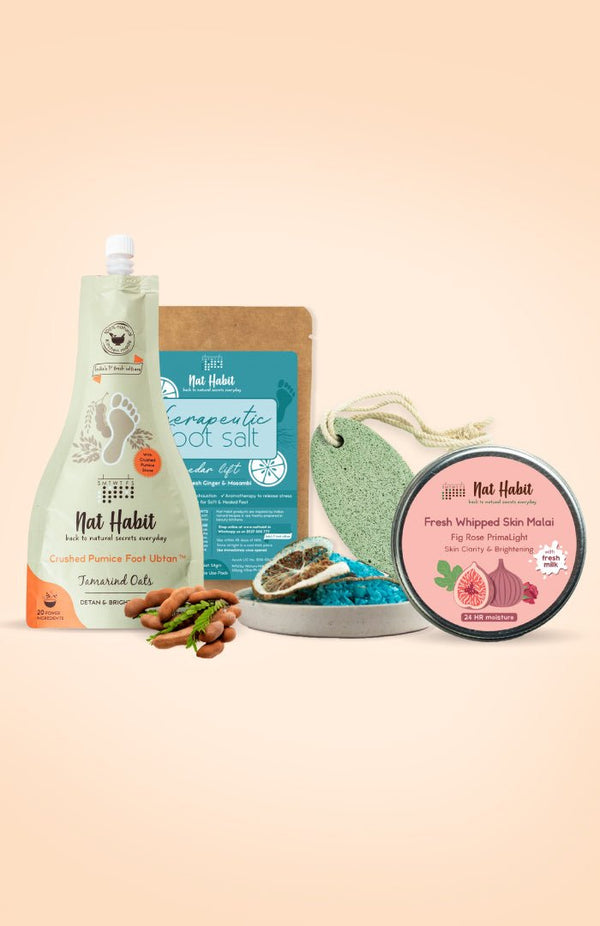 <strong>Pumice Rub, Cedar Lift Foot Salt, Tamarind Oats Foot Ubtan & Fig Rose Skin Malai Combo</strong> <br><i>Combo Pack of 4</i> - Nat Habit