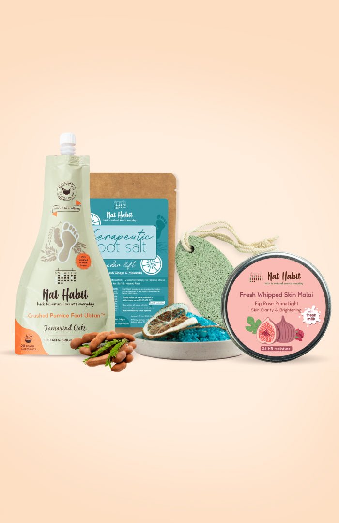 <strong>Pumice Rub, Cedar Lift Foot Salt, Tamarind Oats Foot Ubtan & Fig Rose Skin Malai Combo</strong> <br><i>Combo Pack of 4</i> - Nat Habit
