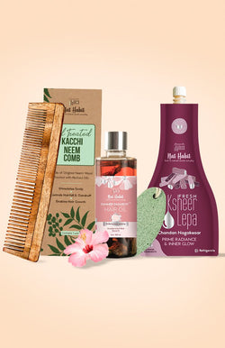 <strong>Pumice Rub, Dual Tooth Comb, Hibiscus Amla Hair Oil & Chandan Nagakesar Lepa Combo</strong> <br><i>Combo Pack of 4</i> - Nat Habit