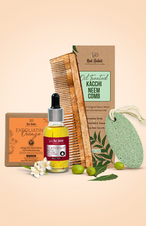 <strong>Pumice Rub, Dual Tooth Comb, Saffron Tuberose Mukhalaya & Exfoliating Orange Soap Combo</strong> <br><i>Combo Pack of 4</i> - Nat Habit