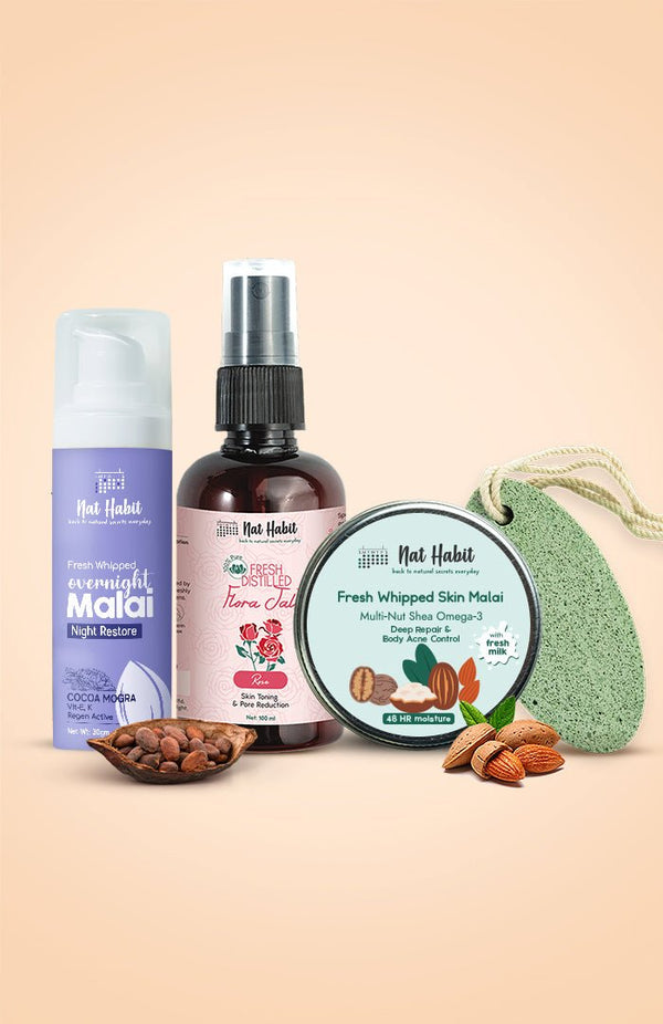<strong>Pumice Rub, Pure Gulab Jal, Overnight Face Malai & Multi Nut Skin Malai Combo</strong> <br><i>Combo Pack of 4</i> - Nat Habit