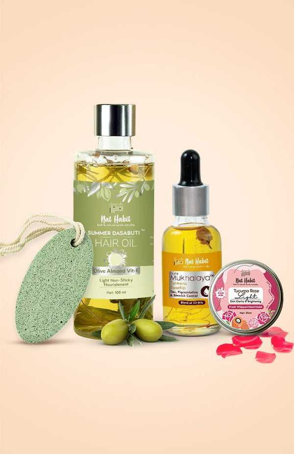 <strong>Pumice Rub, Tucuma Rose Hand Malai, Olive Almond Hair Oil & Turmeric Rosehip Mukhalaya Combo</strong> <br><i>Combo Pack of 4</i> - Nat Habit