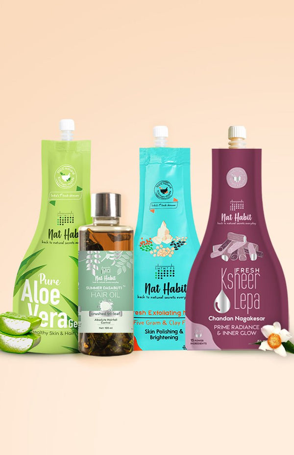 <strong>Pure Aloe Gel, Crushed Tri Leaf Hair Oil, Chandan Nagakesar Lepa & Five Gram Clay & Fuse Mura Combo</strong> <br><i>Combo Pack of 4</i> - Nat Habit