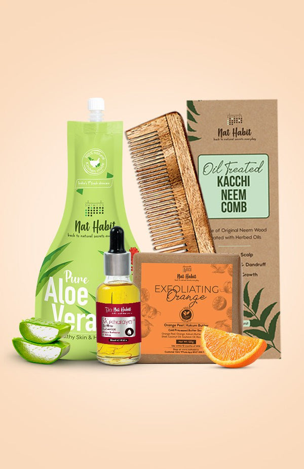 <strong>Pure Aloe Gel, Dual Tooth Comb, Exfoliating Orange Soap & Saffron Tuberose Mukhalaya Combo</strong> <br><i>Combo Pack of 4</i> - Nat Habit