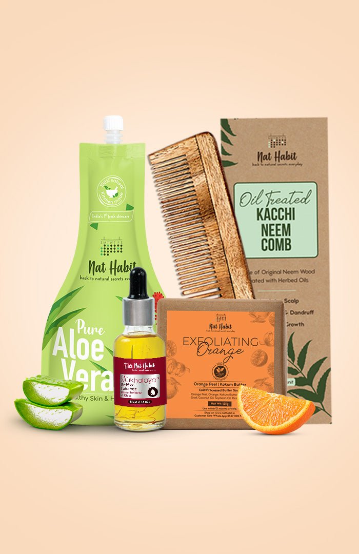 <strong>Pure Aloe Gel, Dual Tooth Comb, Exfoliating Orange Soap & Saffron Tuberose Mukhalaya Combo</strong> <br><i>Combo Pack of 4</i> - Nat Habit