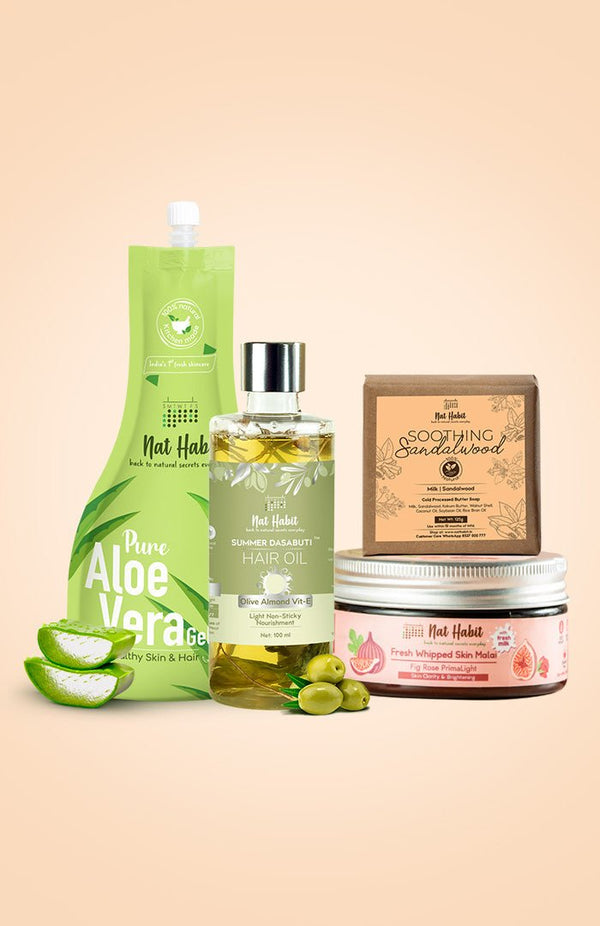 <strong>Pure Aloe Gel, Fig Rose Skin Malai, Olive Almond Hair Oil & Soothing Sandalwood Soap Combo</strong> <br><i>Combo Pack of 4</i> - Nat Habit