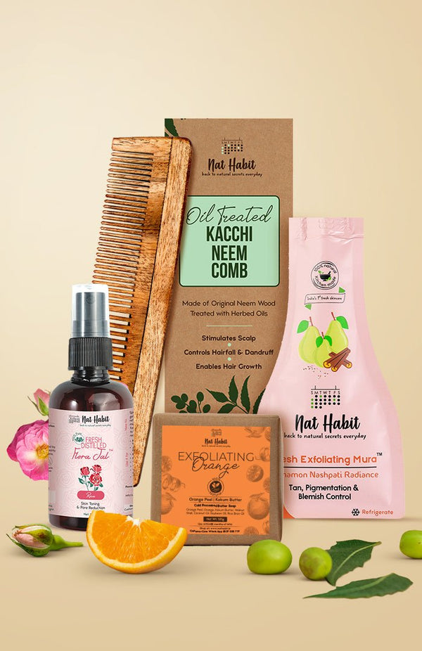 <strong>Pure Gulab Jal, Dual Tooth Comb, Exfoliating Orange Soap, & Cinnamon Nashpati Mura Combo</strong> <br><i>Combo Pack of 4</i> - Nat Habit