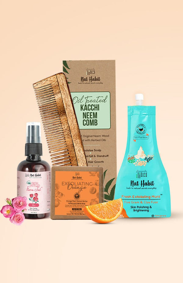 <strong>Pure Gulab Jal, Dual Tooth Comb, Exfoliating Orange Soap, & Five Gram & Clay Fuse Mura Combo</strong> <br><i>Combo Pack of 4</i> - Nat Habit