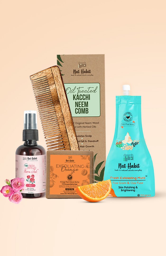 <strong>Pure Gulab Jal, Dual Tooth Comb, Exfoliating Orange Soap, & Five Gram & Clay Fuse Mura Combo</strong> <br><i>Combo Pack of 4</i> - Nat Habit