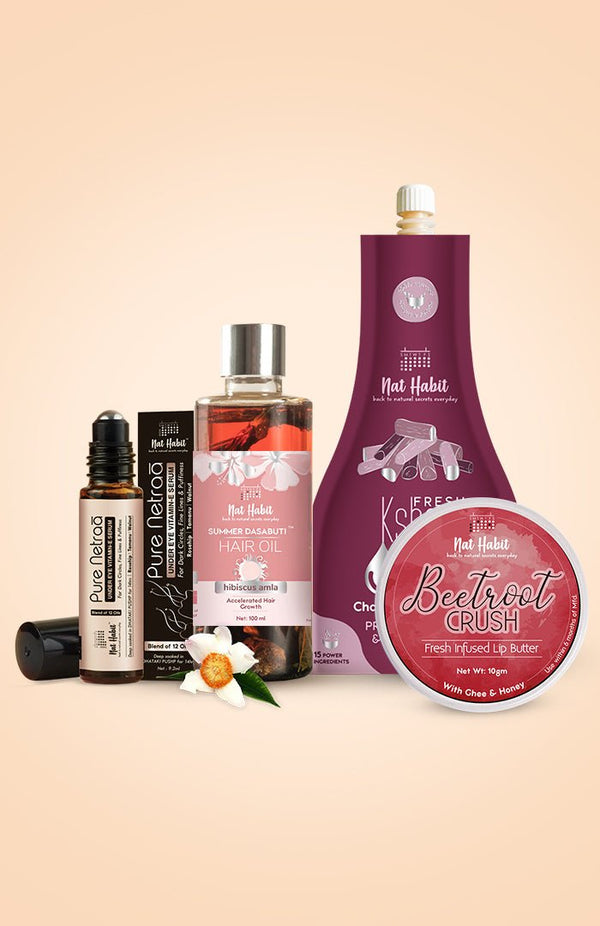 <strong>Pure Netraa, Beetroot Crush Lip Butter, Hibiscus Amla Hair Oil & Chandan Nagakesar Lepa Combo</strong> <br><i>Combo Pack of 4</i> - Nat Habit