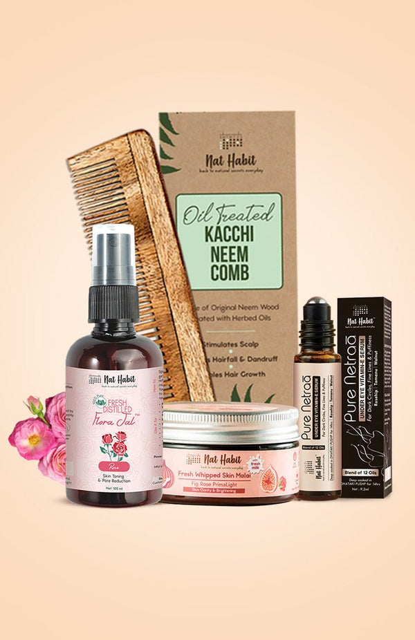 <strong>Pure Netraa, Fig Rose Skin Malai, Dual Tooth Comb & Pure Gulab Jal Combo</strong> <br><i>Combo Pack of 4</i> - Nat Habit