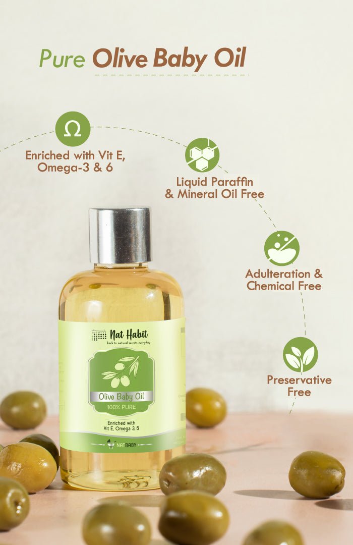 <strong>Pure Olive Baby Oil</strong> <br><i>Enriched with Vit E & Omega-3, 6</i> - Nat Habit