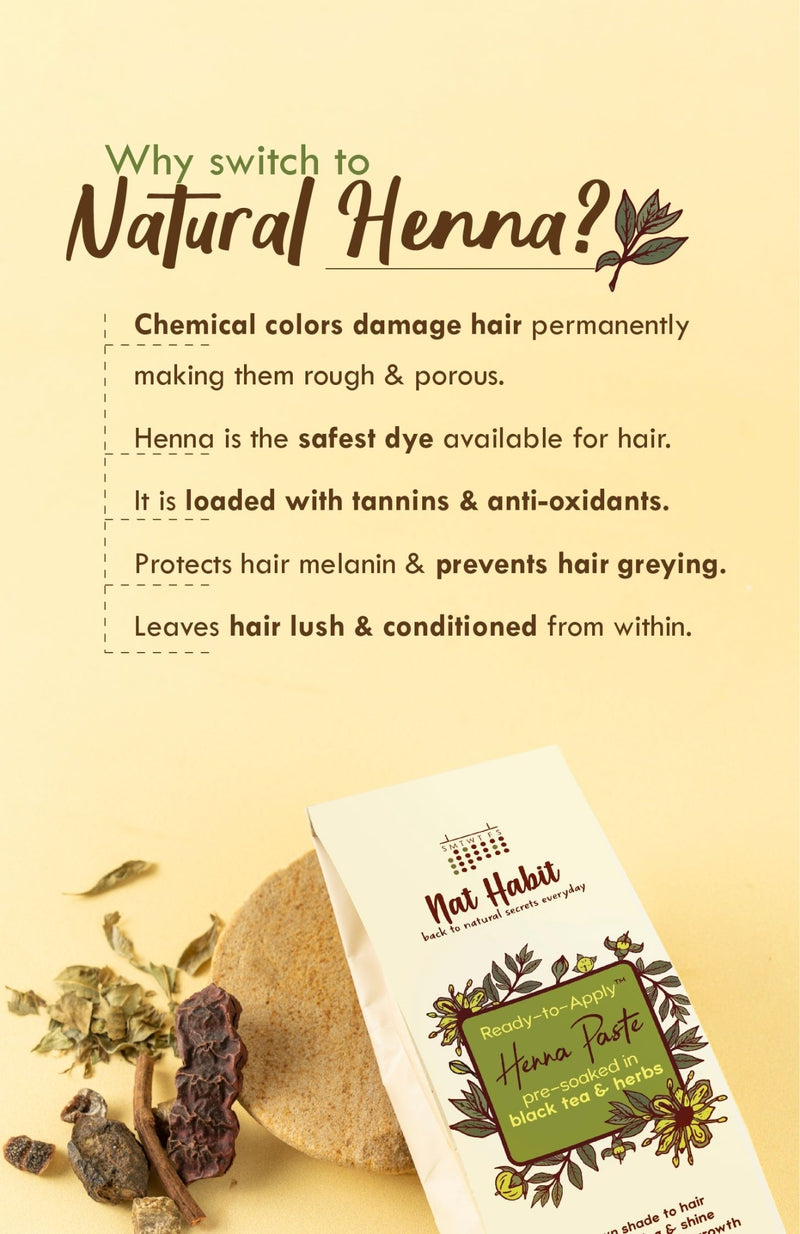 <strong>Ready-to-Apply Fresh Henna Paste</strong><br><i>Pre-soaked in Herbs & Tea Water</i><br>Pack of 2 - Nat Habit