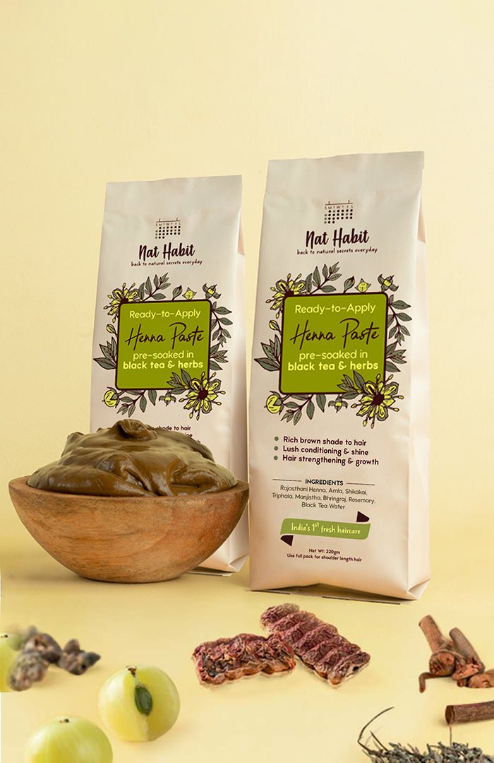 <strong>Ready-to-Apply Fresh Henna Paste</strong><br><i>Pre-soaked in Herbs & Tea Water</i><br>Pack of 2 - Nat Habit