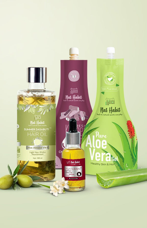 <strong>Saffron Tuberose Mukhalaya, Pure Aloe Gel, Olive Almond Hair Oil & Chandan Nagakesar Lepa Combo</strong> <br><i>Combo Pack of 4</i> - Nat Habit