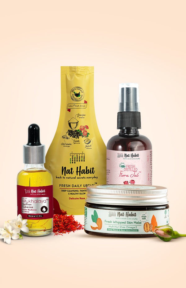 <strong>Saffron Tuberose Mukhalaya, Pure Gulab Jal, Multi Nut Skin Malai & Delicate Rose Ubtan Combo</strong> <br><i>Combo Pack of 4</i> - Nat Habit