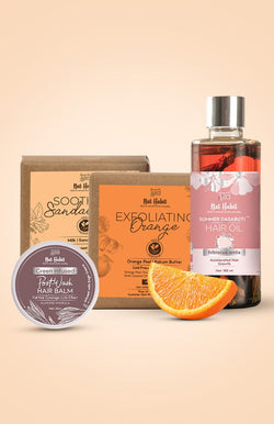 <strong>Soothing Sandalwood Soap, Exfoliating Orange Soap, Hibisus Amla Hair Oil & Almond Marula Hair Balm Combo</strong> <br><i>Combo Pack of 4</i> - Nat Habit