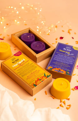 <strong>Starry Night & Marigold Spark Prosperity Candles</strong><br>Combo Pack<br><i>Paraffin-free, Recycled, Puja-pure</i></br> - Nat Habit
