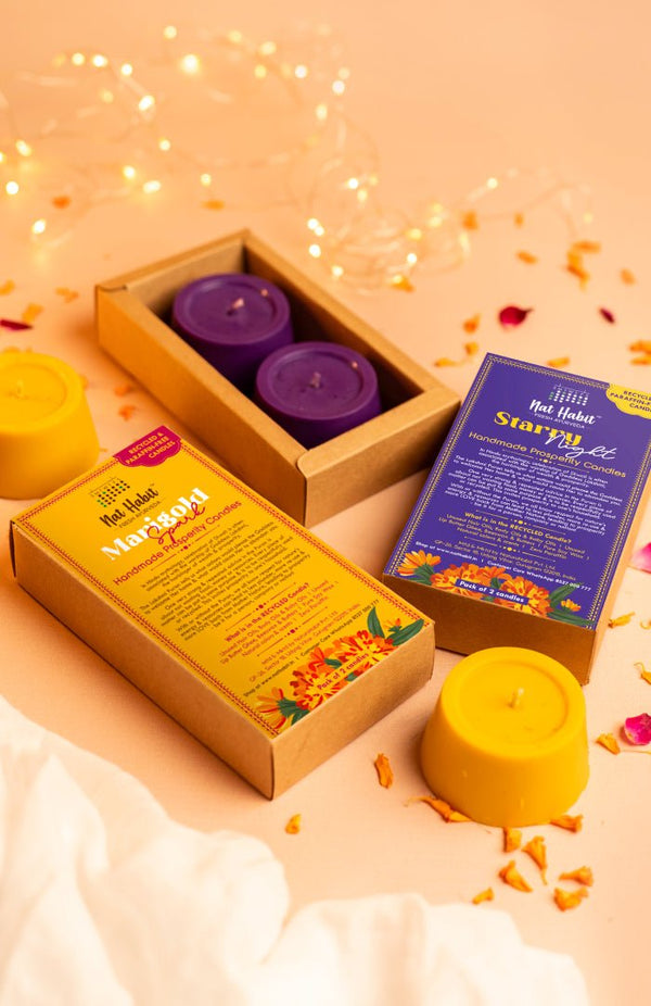 <strong>Starry Night & Marigold Spark Prosperity Candles</strong><br>Combo Pack<br><i>Paraffin-free, Recycled, Puja-pure</i></br> - Nat Habit