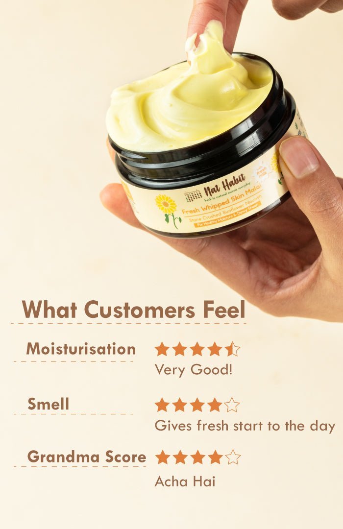<strong>Stone Crushed Sunflower Skin Malai 200ml</strong> <br><i>for all skin types | 24 HR moisture</i> - Nat Habit