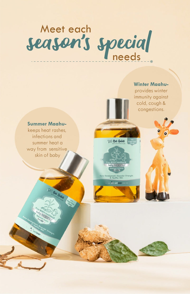 <strong>Summer Baby Massage Maahu - Balamool Nimbuka - 100ml</strong> <br><i>Bone Development, Muscular Strength & Healthy Skin</i> - Nat Habit