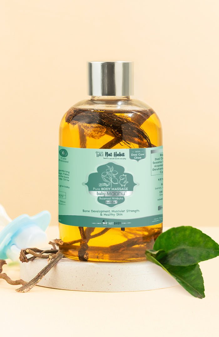 <strong>Summer Baby Massage Maahu - Balamool Nimbuka - 100ml</strong> <br><i>Bone Development, Muscular Strength & Healthy Skin</i> - Nat Habit