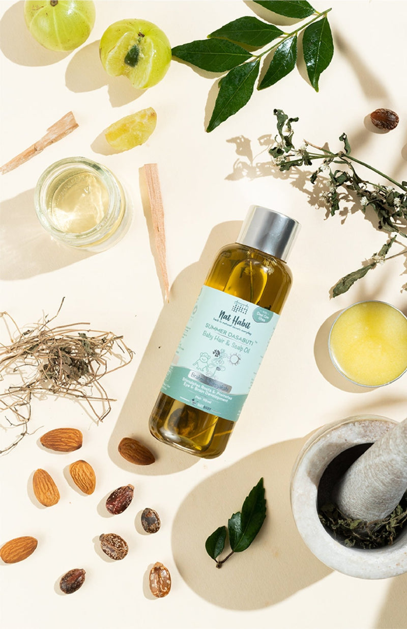 <strong>Summer Baby Scalp & Hair Oil - Brahmi Matsyakshi DASABUTI - 110ml</strong> <br><i>Brain Development, Eye Development & Hair Stimulation</i> - Nat Habit