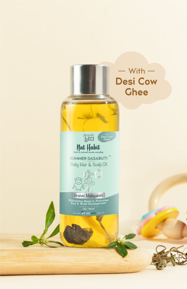 <strong>Summer Baby Scalp & Hair Oil - Brahmi Matsyakshi DASABUTI - 110ml</strong> <br><i>Brain Development, Eye Development & Hair Stimulation</i> - Nat Habit