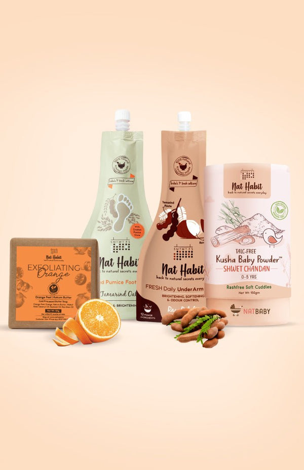 <strong>Tamarind Oats Foot Ubtan, Raw Potato UnderArm Ubtan, Shwet Chandan Kusha Powder & Exfoliating Orange Soap Combo</strong> <br><i>Combo Pack of 4</i> - Nat Habit